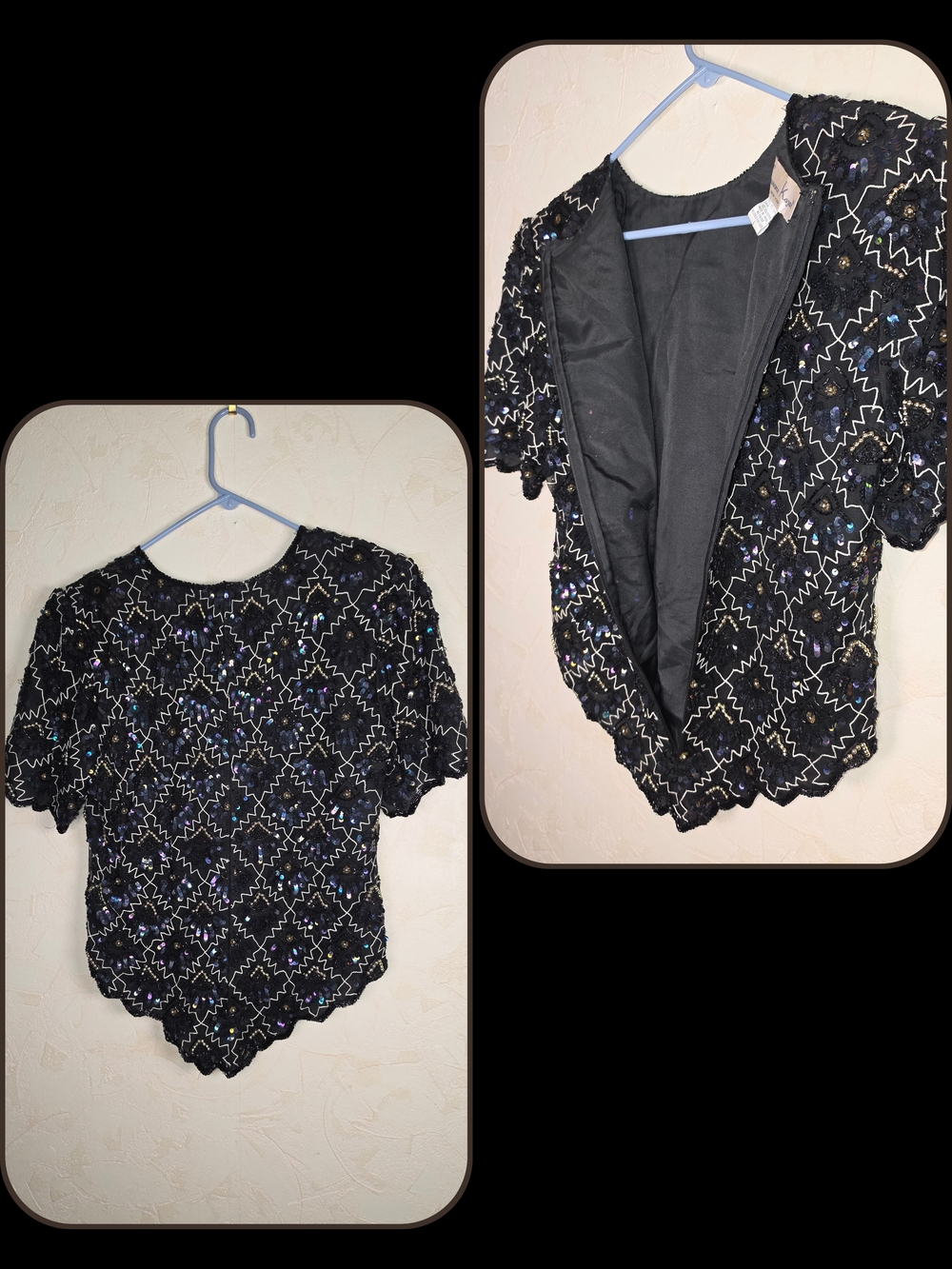 Laurence Kazar Vtg 80s Black Silk Sequined Beaded Evening Cocktail Top large